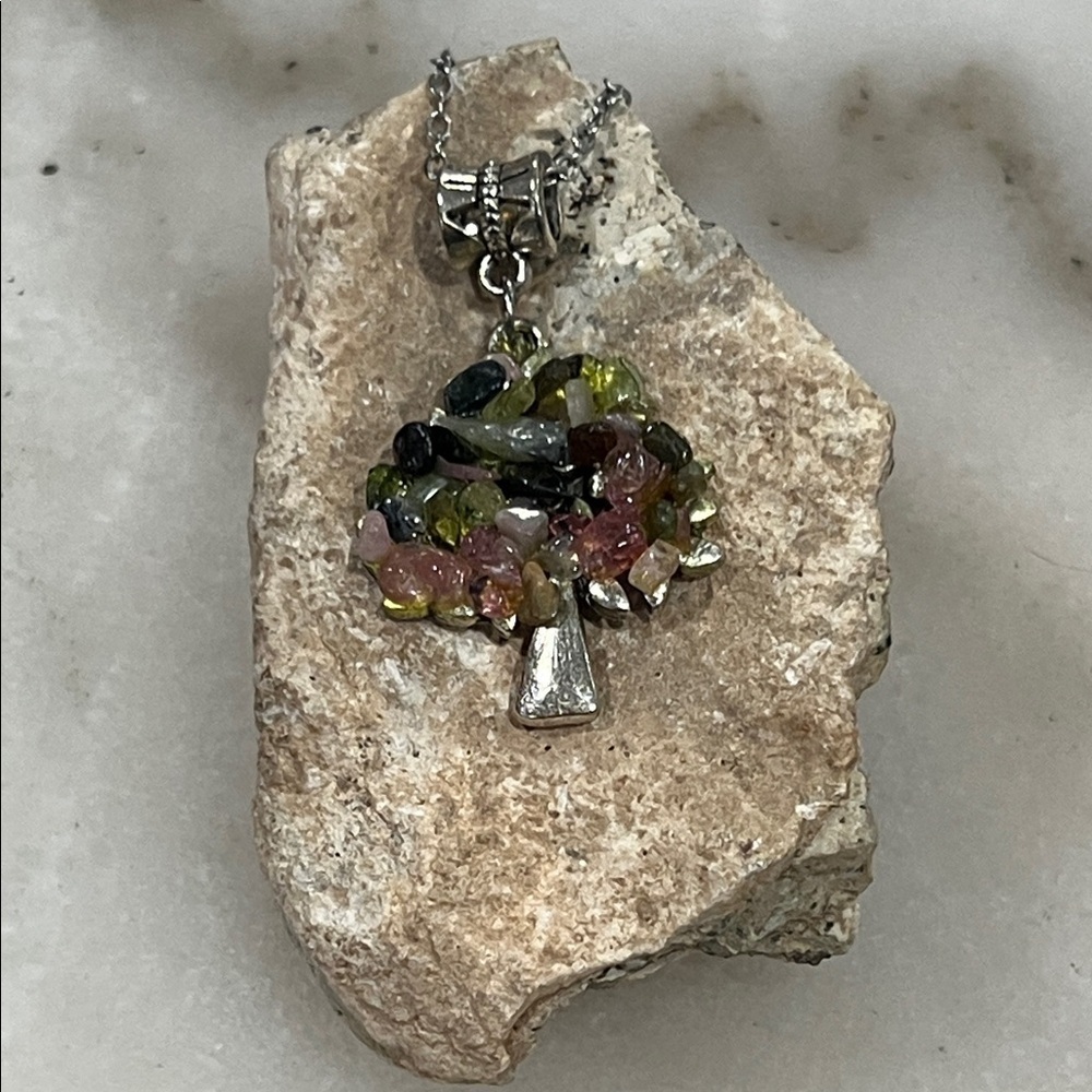 Elbaite Gemstone Silver Tree Pendant Necklace